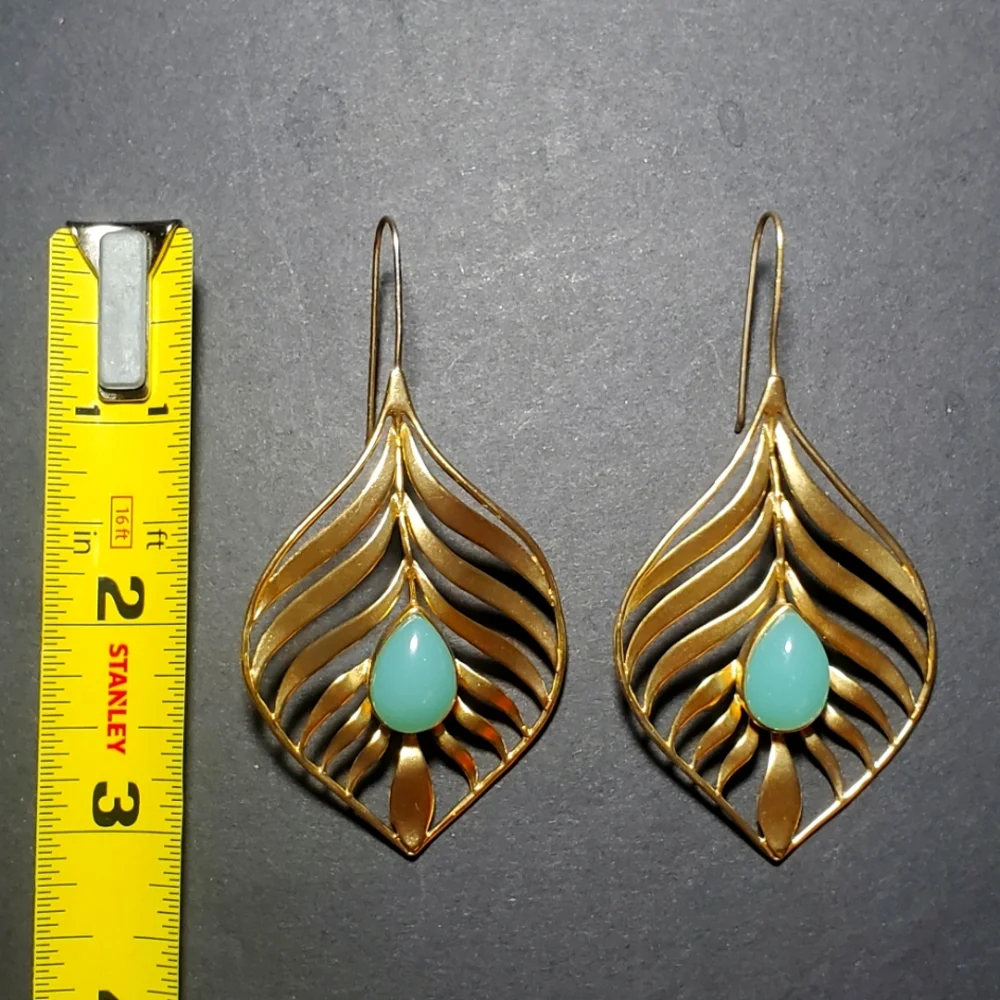 14K GOLD PLATED Handcrafted Leaf Shaped with Turquoise Glass Teardrop